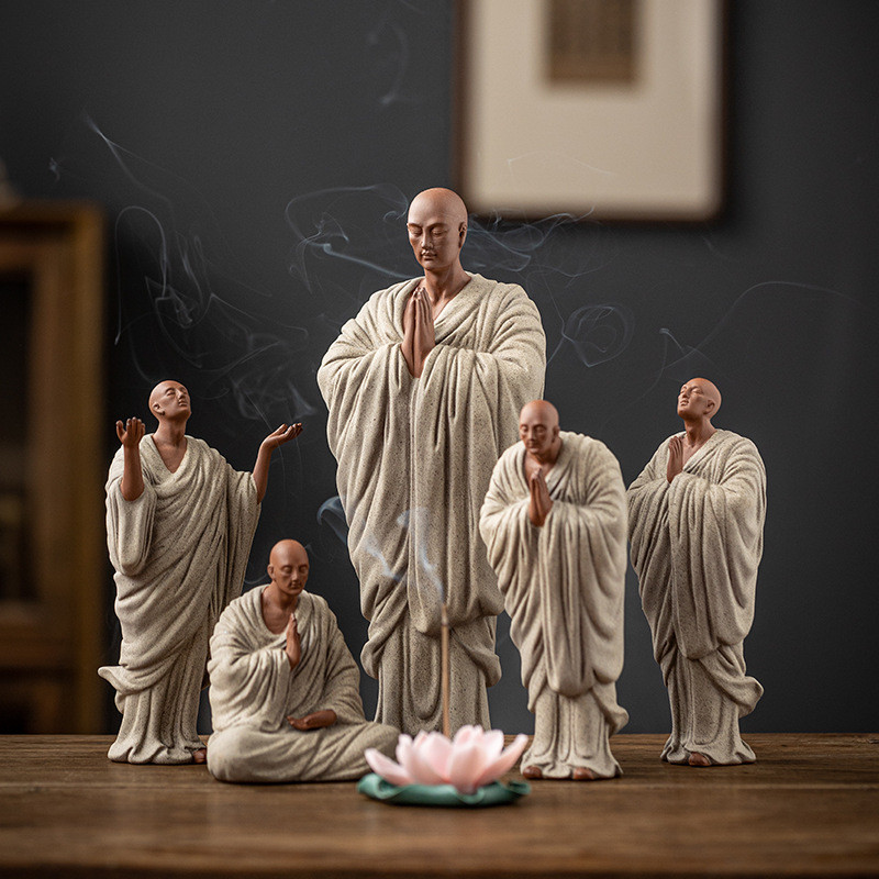 Patung Meditasi Shami Buddha Biksu Kecil Zen Patung Keramik Fengshui Ruang Minum Teh Patung Cina unt