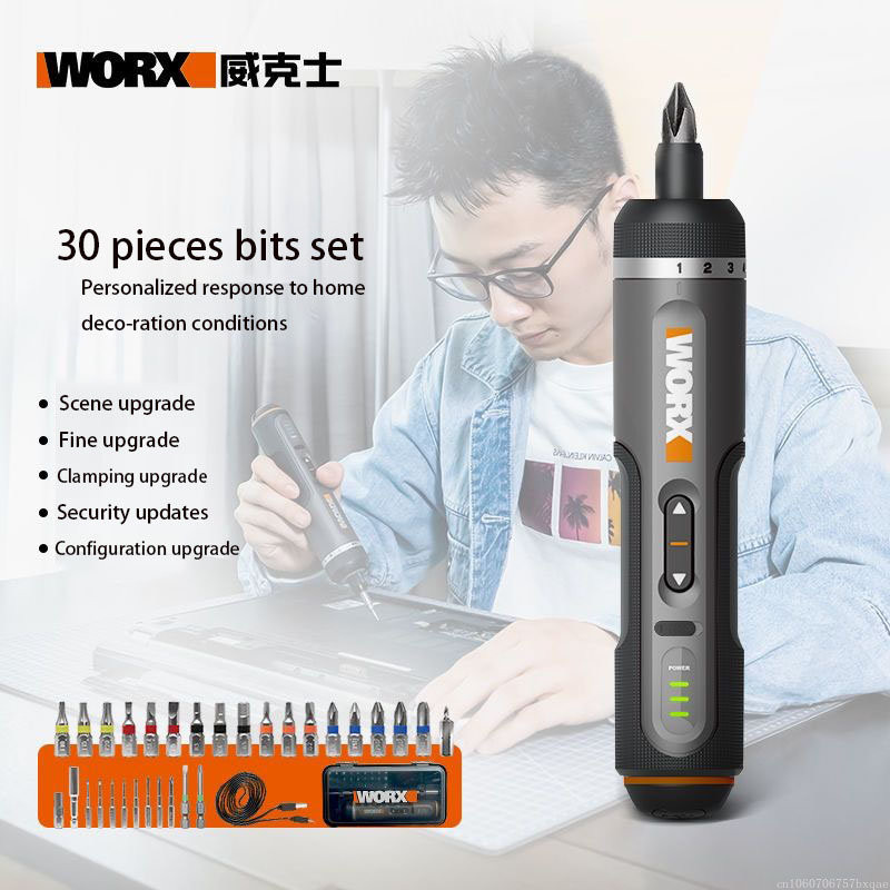 Worx 4V Set Obeng Listrik Mini WX242 Obeng Listrik Tanpa Kabel Pintar Pegangan Isi Ulang USB Set 30 