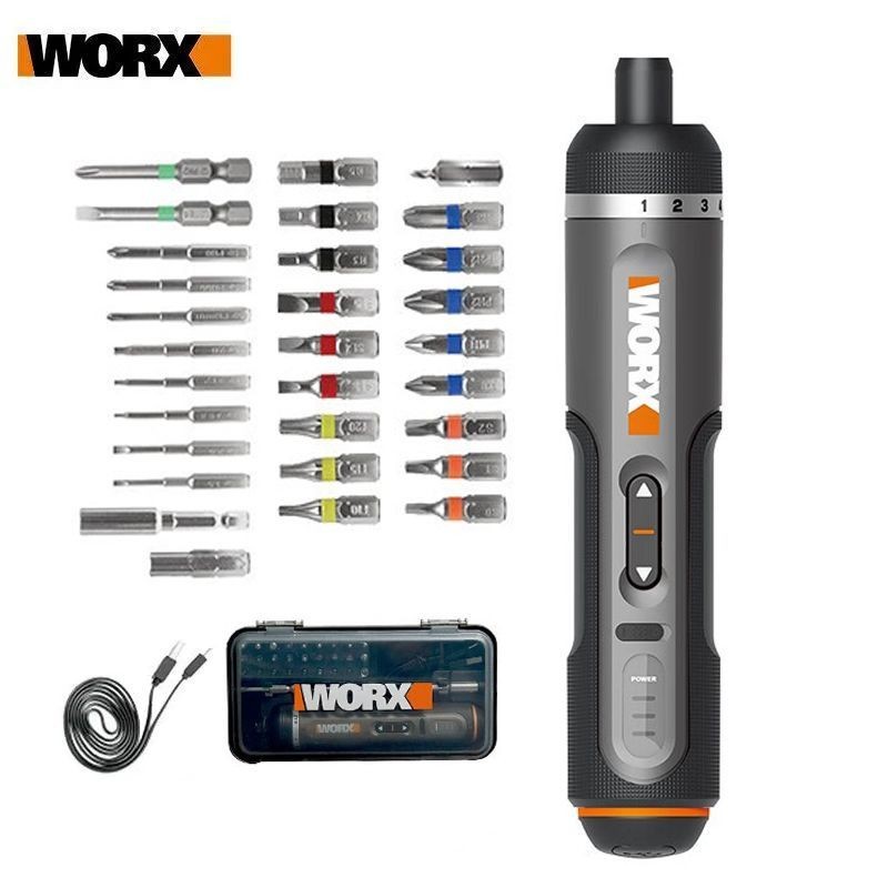 Worx 4V Set Obeng Listrik Mini WX242 Obeng Listrik Tanpa Kabel Pintar USB Pegangan Isi Ulang Set 30 