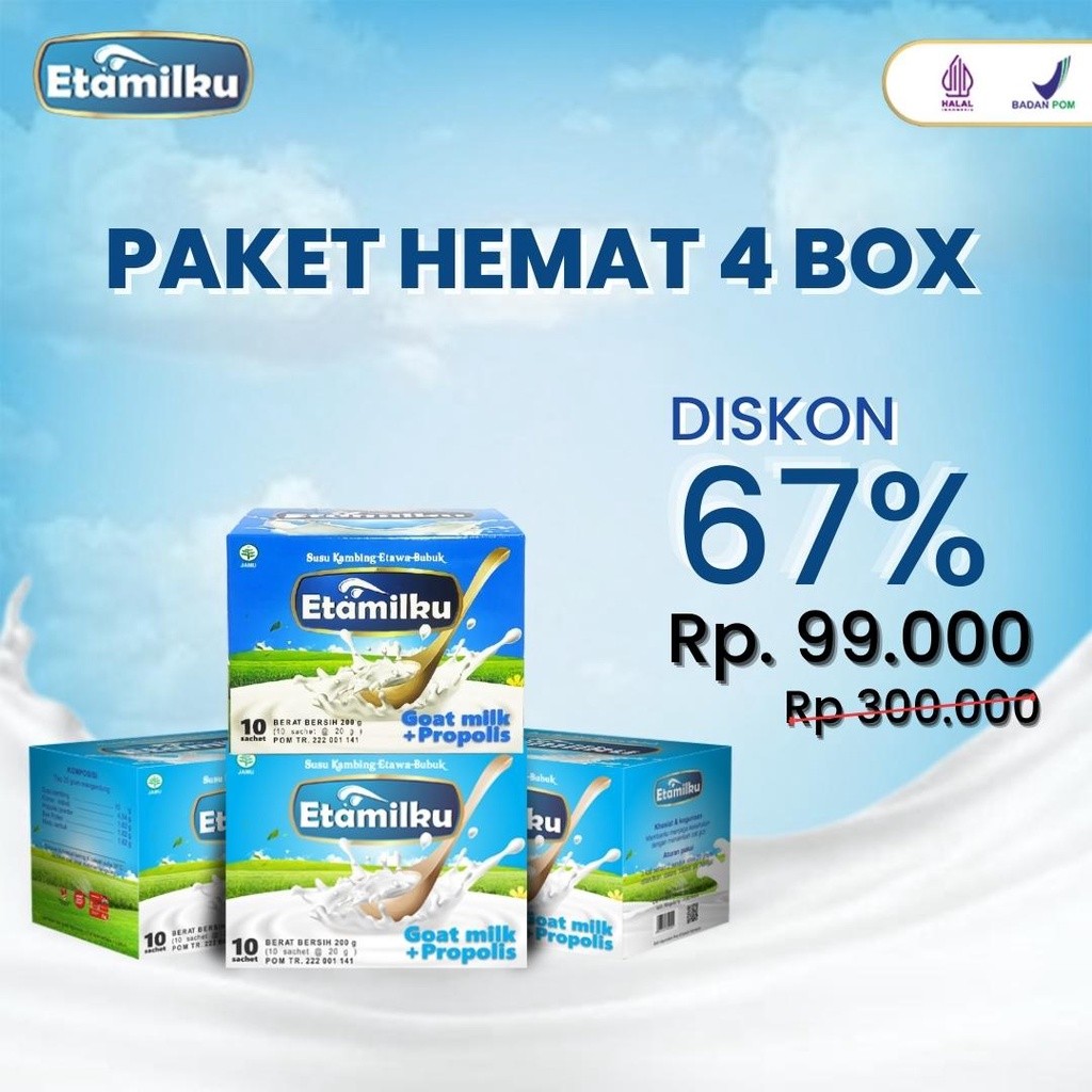 

BPOM PAKET HEMAT 4 BOX ETAMILKU Susu Kambing Etawa Bubuk Plus Propolis