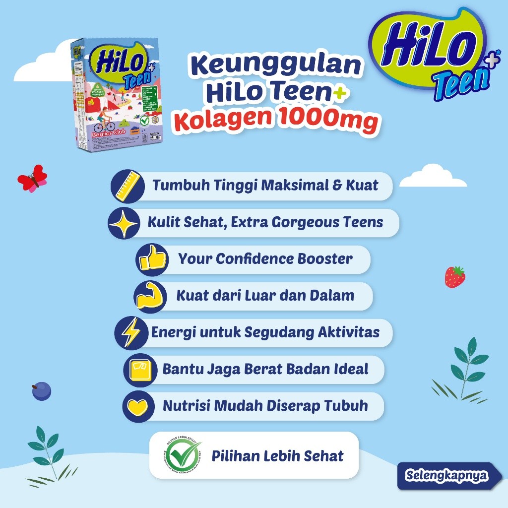 

HiLo Teen+ Collagen Berries Club 400 gram Susu Tinggi Kalsium dengan Kolagen untuk Tumbuh Tinggi dan