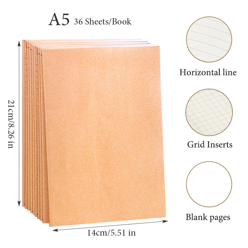 

5Pcs A5 B5 A4 Notebook,36 Sheets/72 Pages/Book,Kraft Paper And Black Cover,Office Study Notes