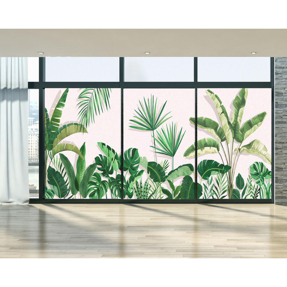 Privasi Film Jendela Dekoratif Tanaman Hijau Stiker Jendela Kaca Patri Tanpa Lem Statis Melekat Kaca