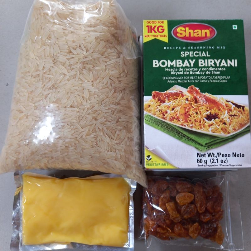 

PAKET BERAS BASMATI 1 kg + BUMBU SHAN BRIYANI + SAMIN + KISMIS RB10
