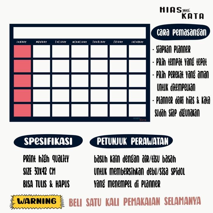 

WALL PLANNER CALENDER MONTHLY NAVY SIZE A3+ BISA TULIS HAPUS