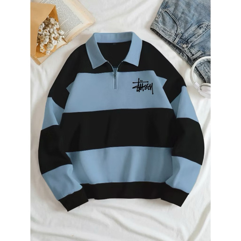 Vall STUSSY RUGBY SWEATER PRIA SALUR KOMBINASI SWEATER KERAH RESLETING SWEATER HALFZIP LENGAN