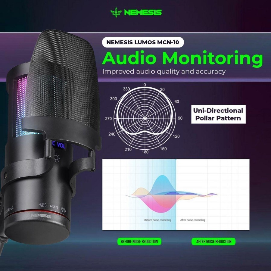 NYK Nemesis Mic Condenser RGB with Noise Cancelling Nemesis LUMOS MCN-10 MCN10 Microphone