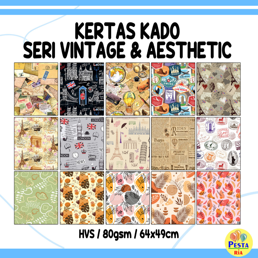 

Lsp Murah!! 50 Lembar Kertas Kado Motif Aesthetic, kertas kado vintage, bungkus kado ulangtahun,