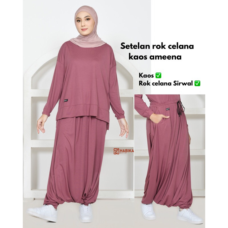 VIVE Setelan Kaos Olahraga wanita kaos+rok celana 1 set Lengan Panjang syari bahan double super