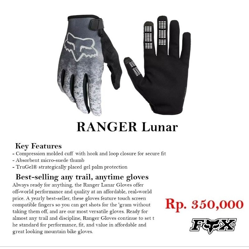 Glove Fox Ranger Lunar Grey - Gloves Sarung Tangan Sepeda Full Finger Original DW