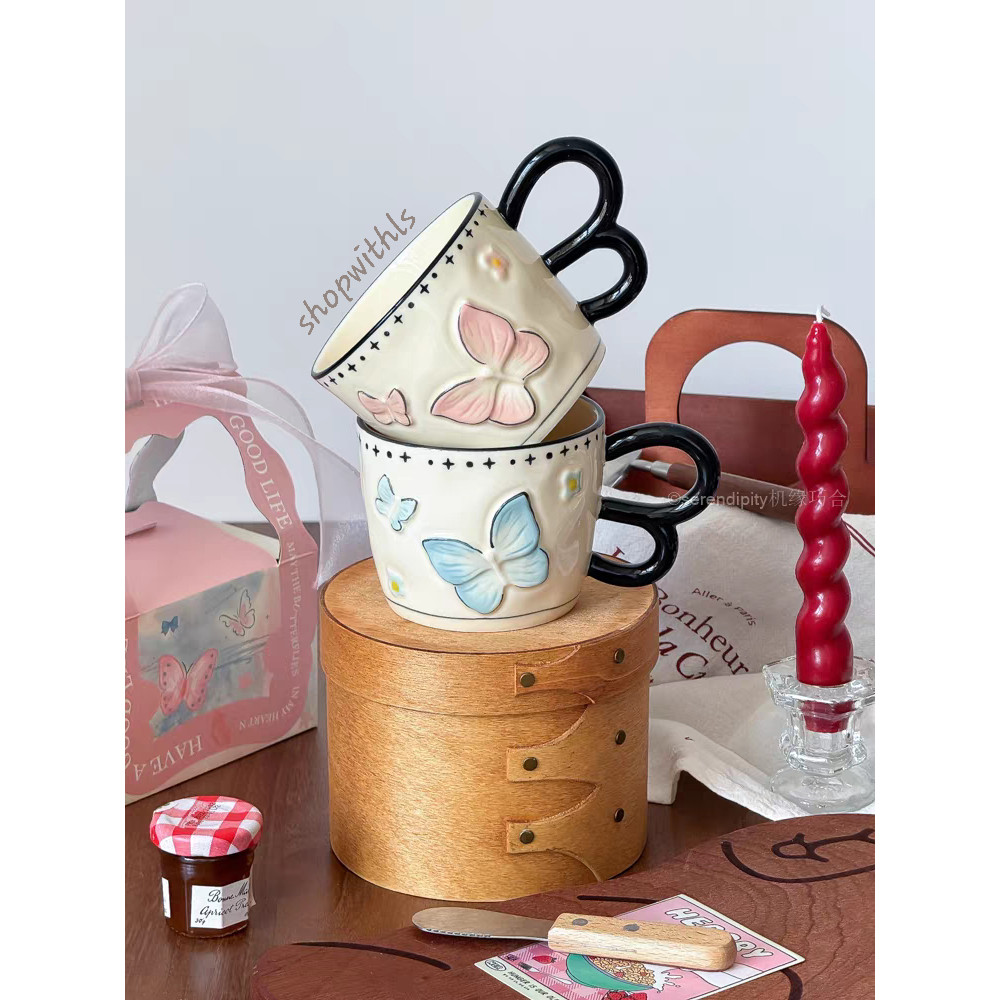 BUTTERFLY MUG / Korean Style Mug/Cute Ceramic Butterfly Mug/Cangkir Motif Kupu Kupu/Cangkir Kopi/Teh