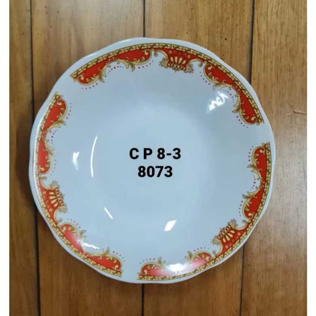 1 Lusin Piring Keramik Mahkota Hijau,Merah dan Coklat/ Piring Makan Keramik Ukuran 20,5 cm