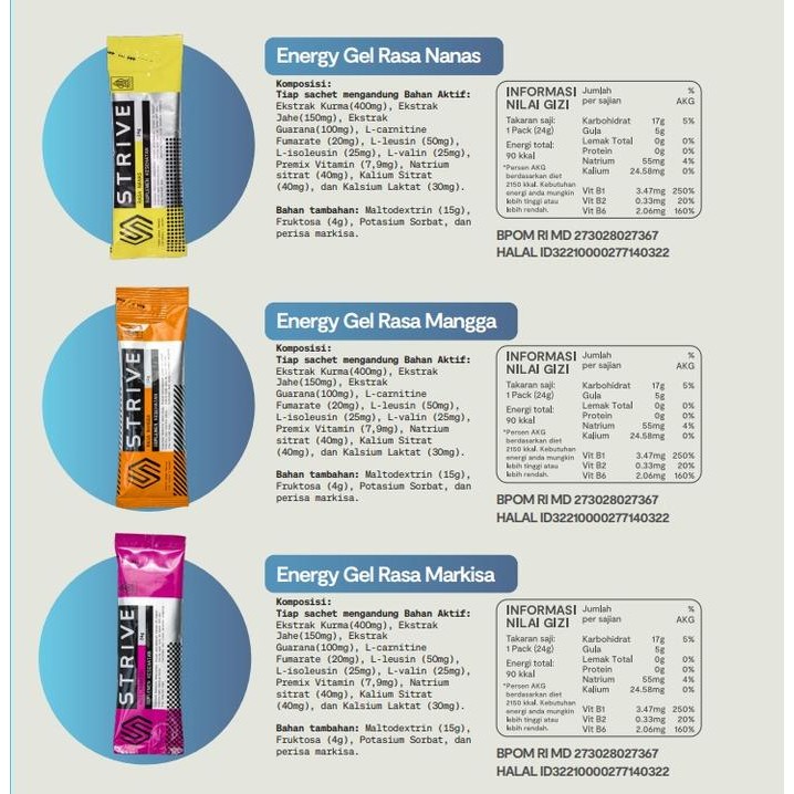 

Tjia Wu - Strive Running Gel / Strive Energy Gel - Harga 1 Box (1 Box = Isi 5 Pcs)