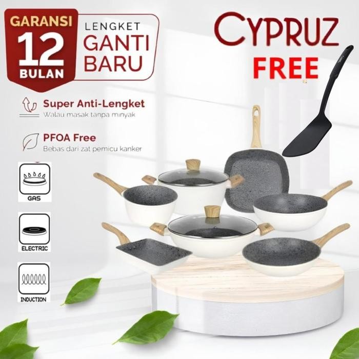 Cypruz White Granite Cookware Set Pan Anti Lengket Cyprus 7 Pcs Panci Wajan Induksi