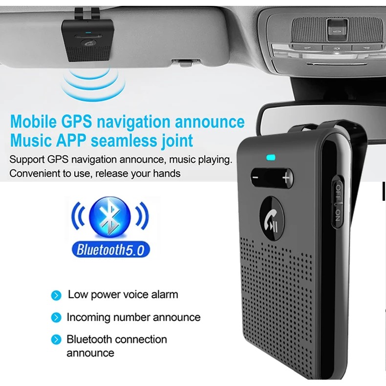 V5.0 Bluetooth Speaker Handsfree Car Kit Sun Visor Clip Wireless Audio Receiver Speakerphone Loud