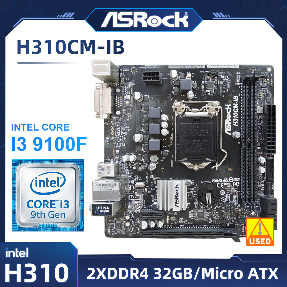 ASRock H310CM-IB Motherboard +I3 9100F cpu LGA1151 Intel H310 DDR4 2666 32GB Micro ATX support i7-87
