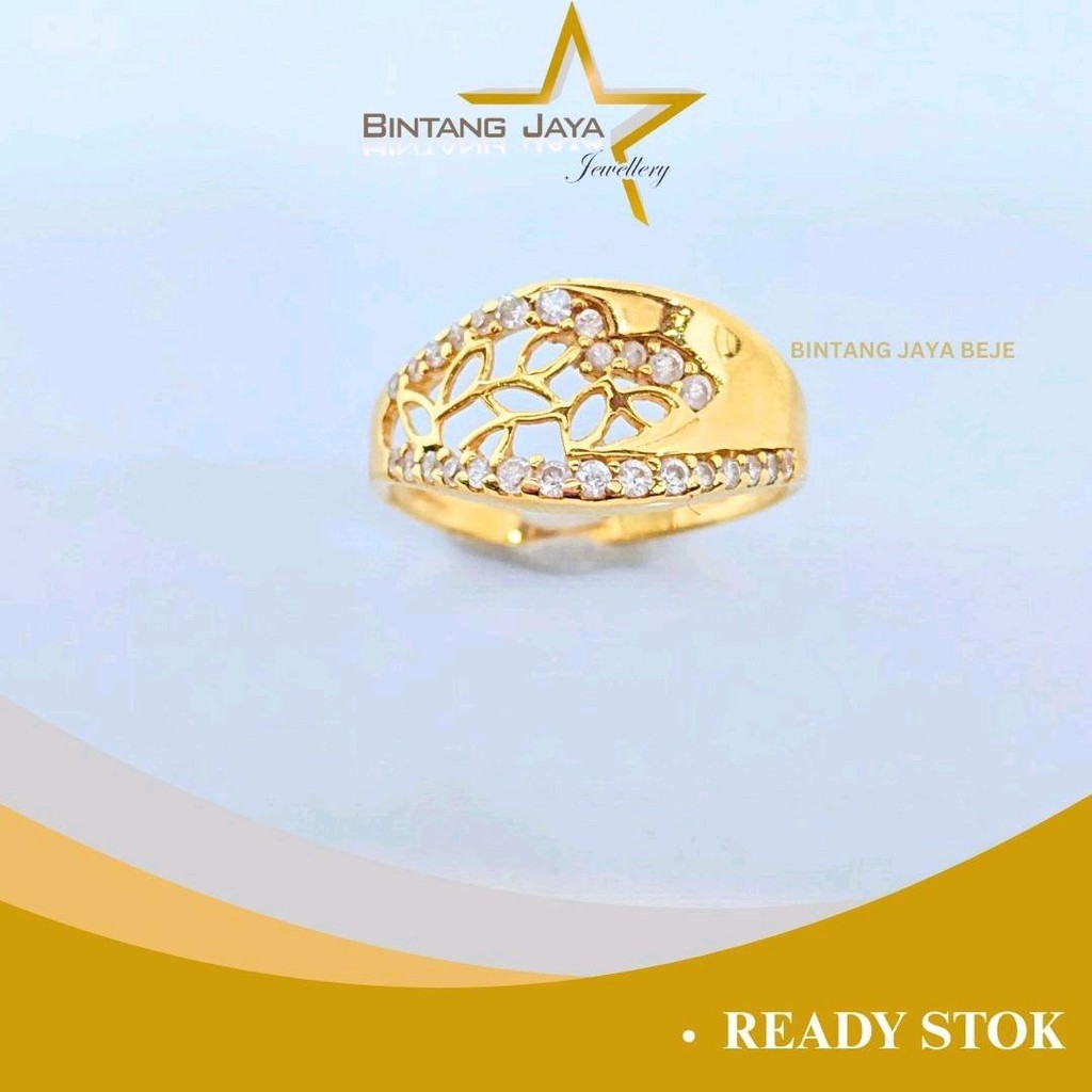Cincin Emas Asli Motif Daun M Putih - Kadar (16K) - 2,68 Gram Ukuran No 16 - Elegan dengan Batu Puti