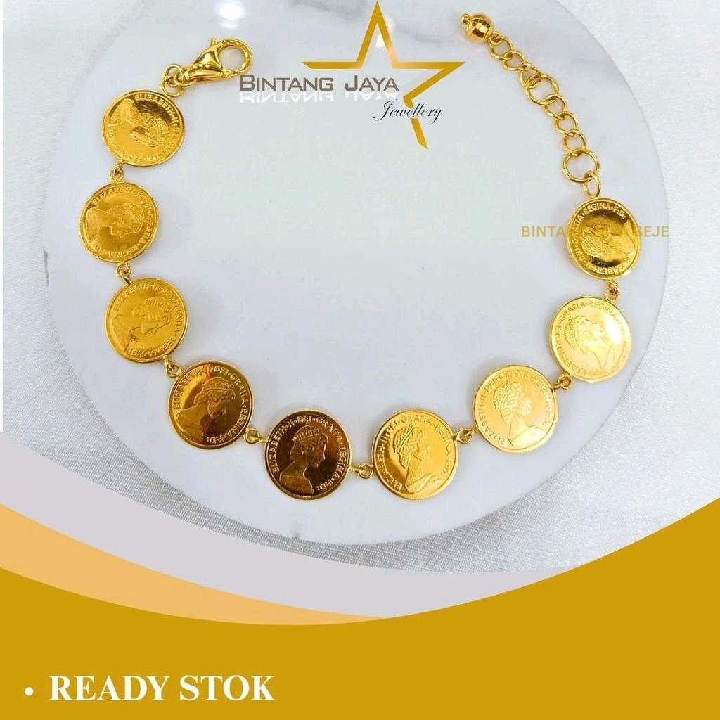 Gelang Emas Asli Koin EL1z4beth Kait Per 17cm Ext - Kadar (16K) 700 - Berat 10,39 Gram - Desain Klas
