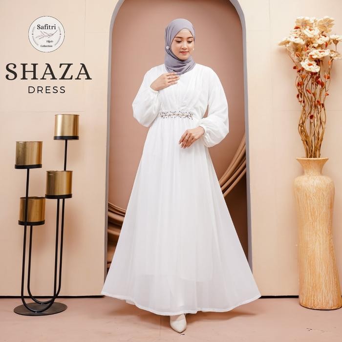 Shaza Dress 1 Bahan Ceruty Babydoll Kombinasi Manik-Manik/Payet By Safitri Fashion Gamis Putih Hitam