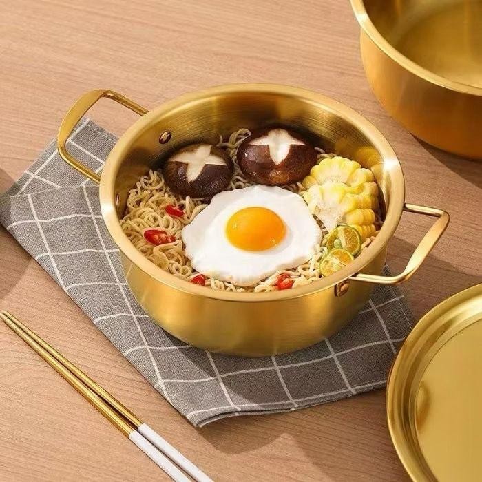 PANCI RAMEN KOREA + TUTUP GOLD STAINLESS PANCI SUP RAMYEUN RAMYUN MIE REBUS