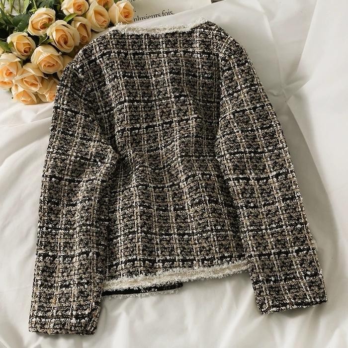 Cardigan Blazer Tweed Serat Lengan Panjang Motif Kotak 22673