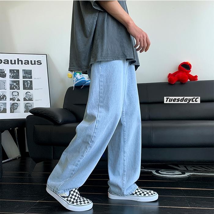 Celana Jeans Pria Biru Celana Kulot Pria Straight Pants Celana Jeans Longgar Jeans Oversize Pria