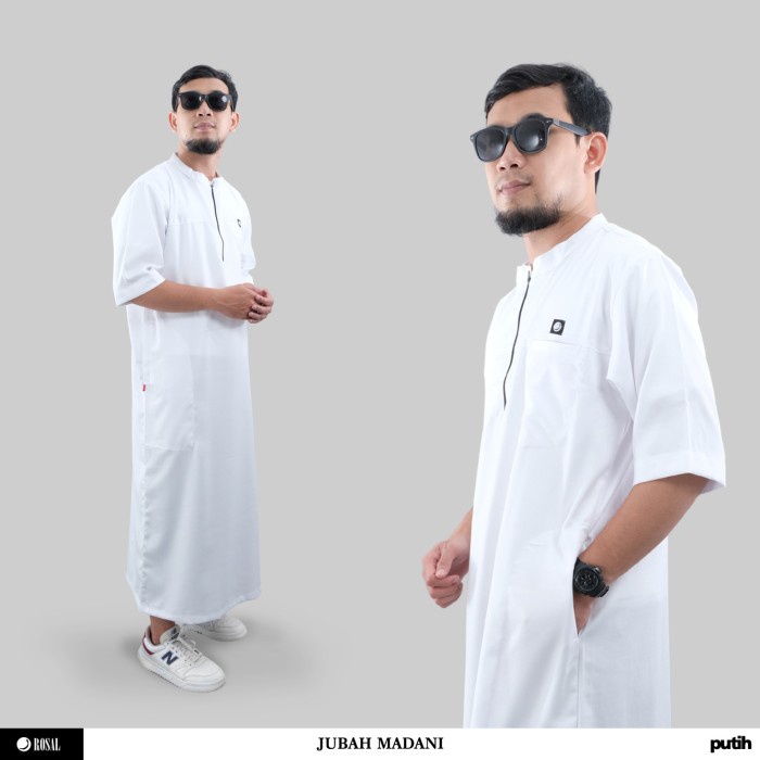 Jubah Madani Rosal Putih Jubah Gamis Pria Al Haramain Lengan Pendek 3/4 Kerah Koko Bahan Madinah