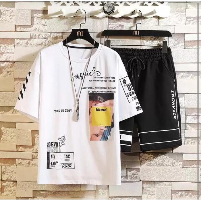 Setelan mika moni jumbo XXL satu set baju sama celana, Panjang Pria Pendek Dewasa Katun Polos Hitam