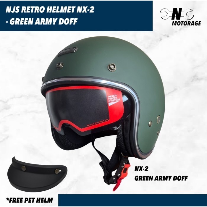 Helm Motor Njs Nx-2 Half Face Retro Green Army Doff / Hijau Army Doff
