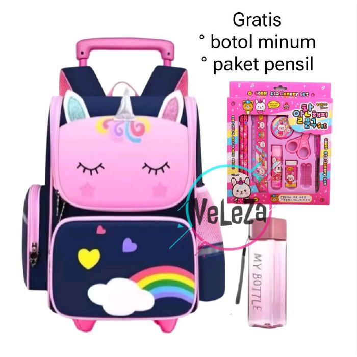 

HEMAT Tas ransel troli anak unicorn gratis botol minum paket pensil tas sekolah anak TK SD tas troli