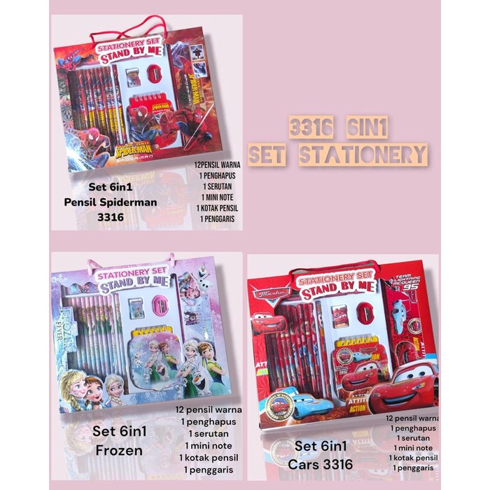 

TERJAMIN 6 in 1 SET PENSIL 3316 ALAT TULIS SEKOLAH PENCIL FROZEN CARS SPIDERMAN ANAK KADO ULANG