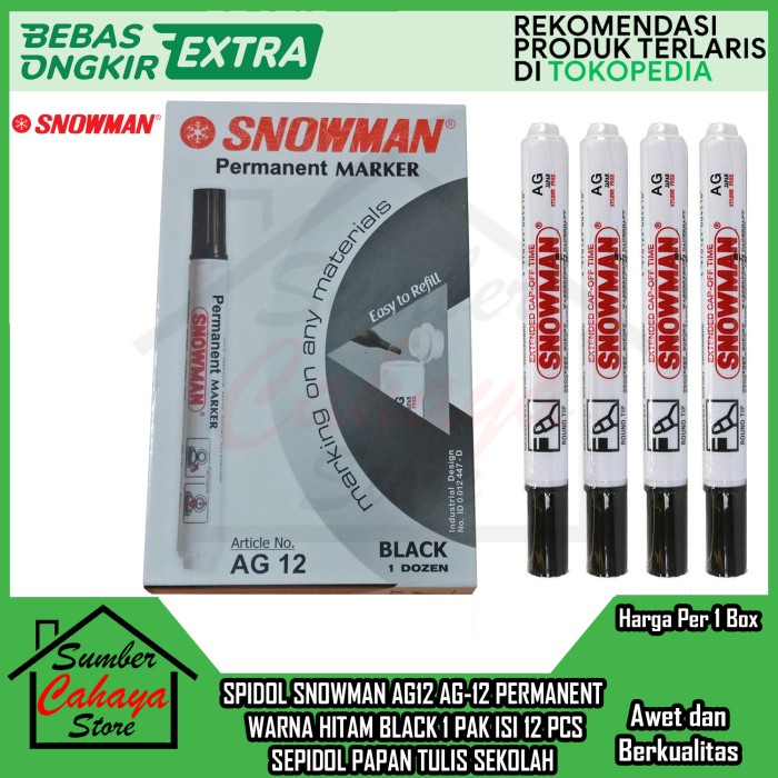 

BERKUALITAS Spidol Snowman Ag12 Ag-12 Permanent Permanen Snowmen Sepidol Warna Hitam 1 Pak Isi 12