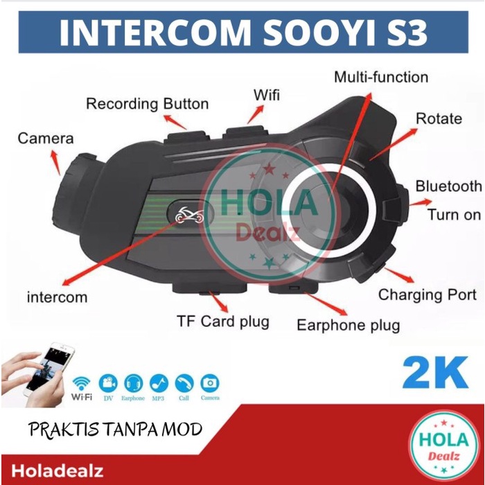 Intercom Sooyi S3 Bluetooth Helm Intercom Camera 2K Stabilizer 2 Rider