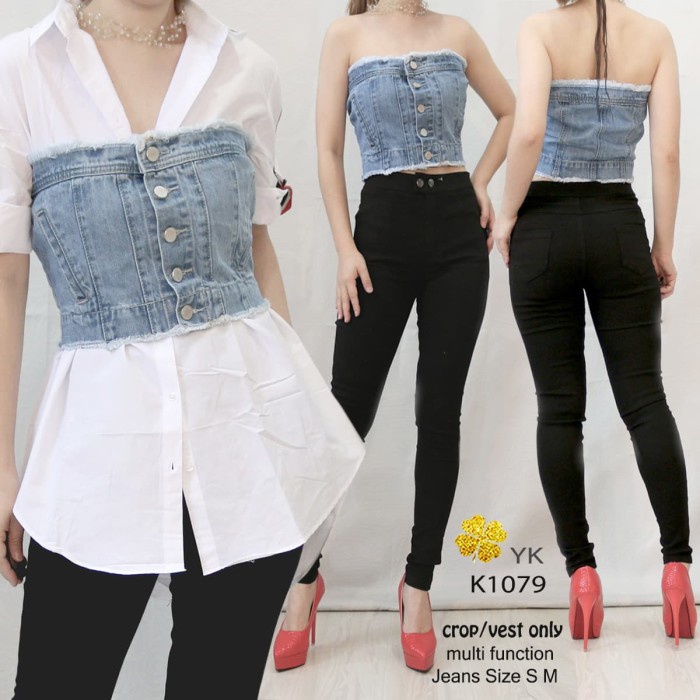 YKobi 1079 kemben vest dua fungsi kemben crop dan vest kemeja jeans