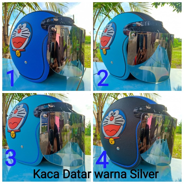 Helm Bogo Kulit Dewasa Doraemon Pakai Kaca Datar Warna Silver