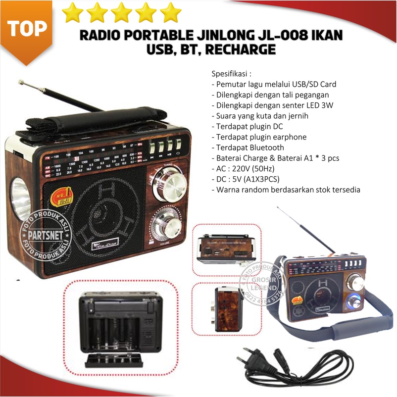 Radio Portable Jinlong Jl-008 Ikan USB Bluetooth Recharge ada Senter