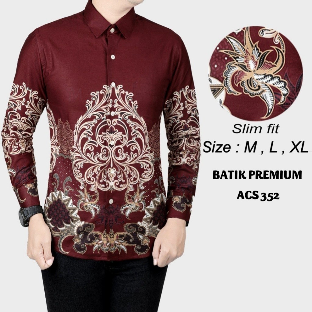 KODE H KEMEJA BATIK PRIA SLIM FIT LENGAN PANJANG PREMIUM ACS 352 SPESIAL MERAH IMLEK