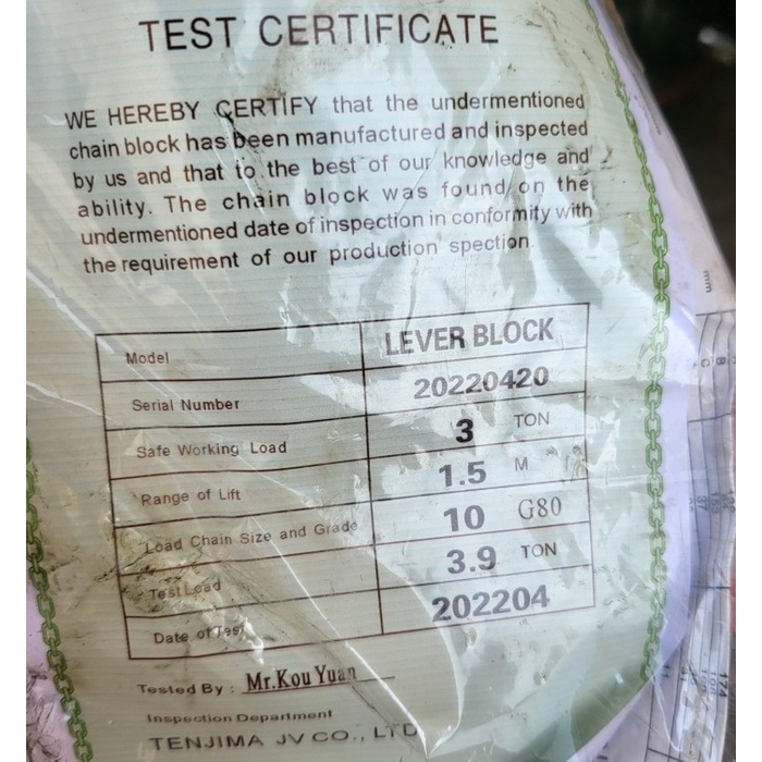 LEVER BLOCK 3 TON 1,5 METER LEVER HOIST 3T X 1.5 M TENJIMA - Bev