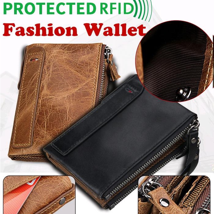 Kulit Sapi Asli RFID Dompet Pria Double Zipper Pendek Dompet Kartu Pemegang Koin Saku Vintage
