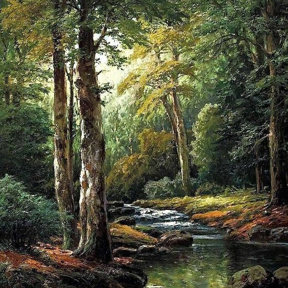Lukisan dekorasi pemandangan sungai di hutan