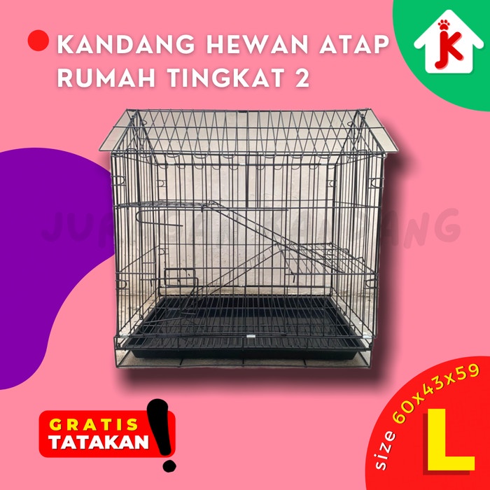 Kandang Hewan Kucing Kelinci Tingkat 2 Atap Rumah Ukuran 60X43X59