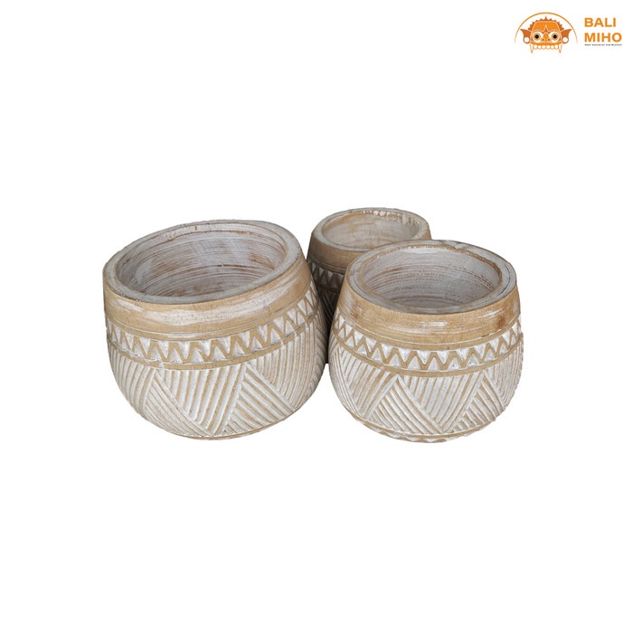 Pot Bunga Kayu Ukir 1 set - Vas Bunga Kayu - Wooden Vase - Pot Tanaman