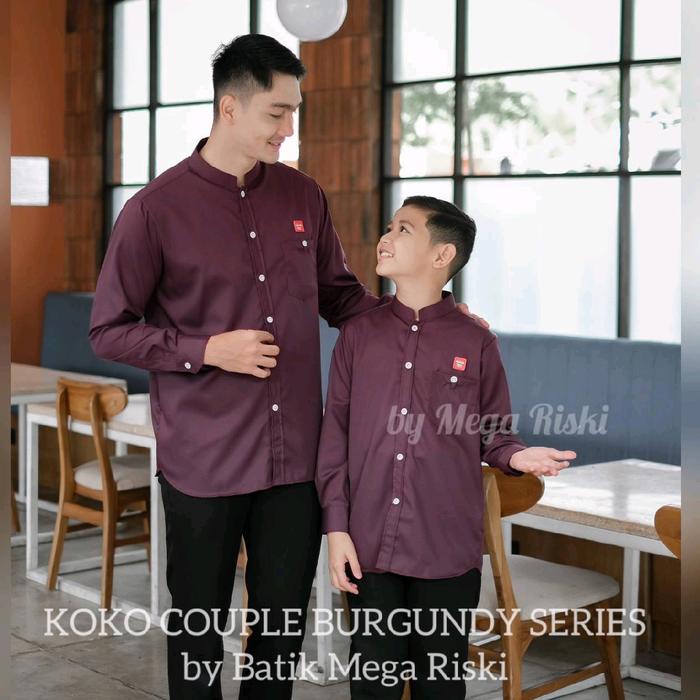 BOOM SALE Baju Koko Couple Ayah Anak Lengan Panjang Warna Burgundy Series Bahan Katun Toyobo