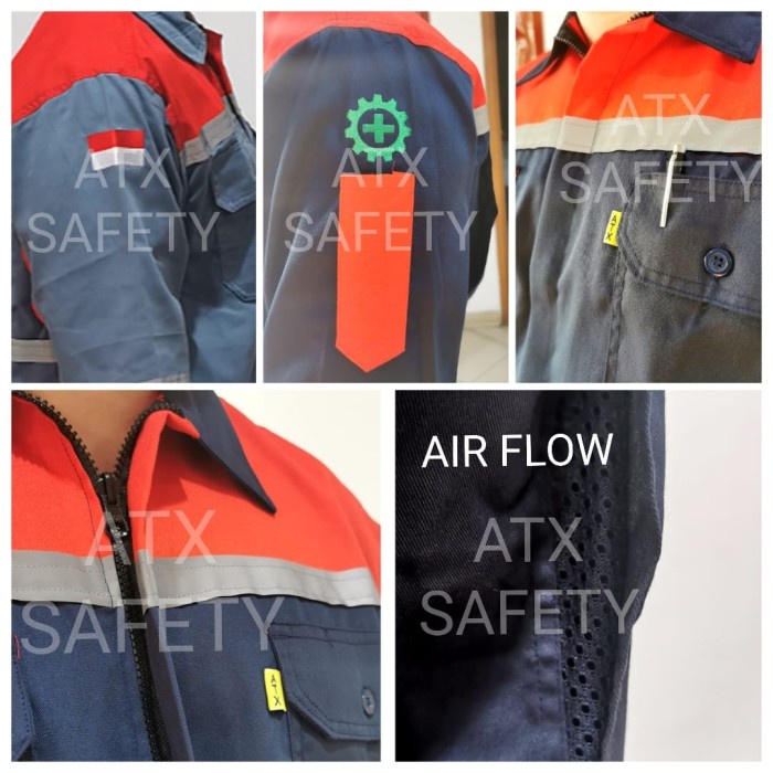 Wearpack Atasan Kemeja Safety Baju Safety Oren Kombinasi Navy Atx