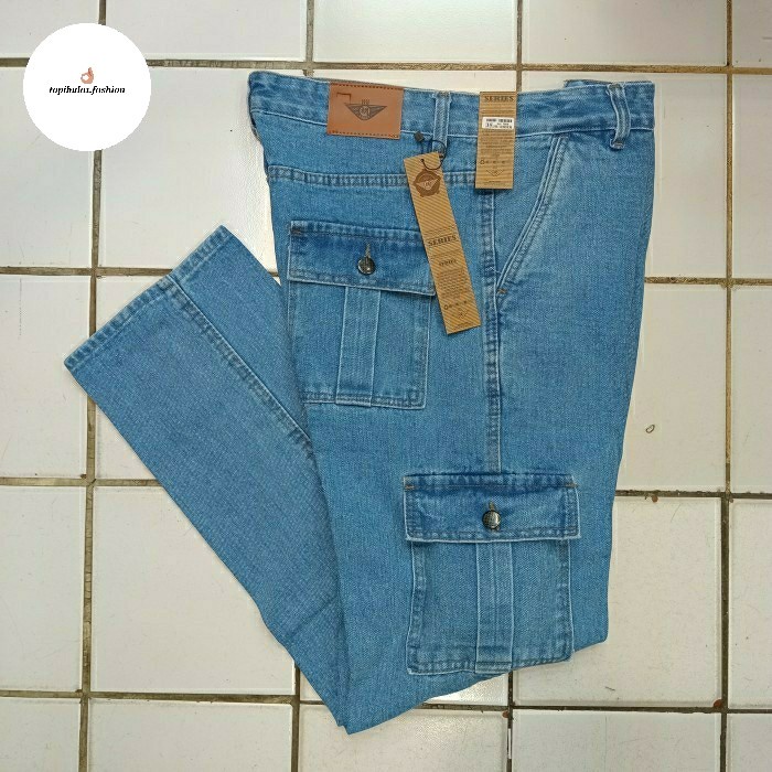 celana cargo jeans panjang pria kantong samping