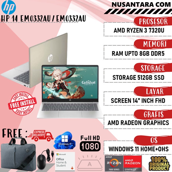 (Resmi) Laptop Baru EM0332AU/EM0333AU HP 14 AMD Ryzen 3 7320U RAM 8GB DDR5 SSD 512GB FHD WIN11 + OHS