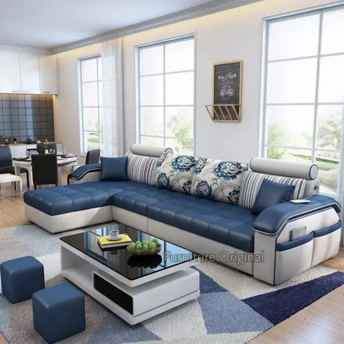 Sofa Nimalis Warna Biru Navy Plus Meja Kayu Duco 2 Stool Kursi Tamu