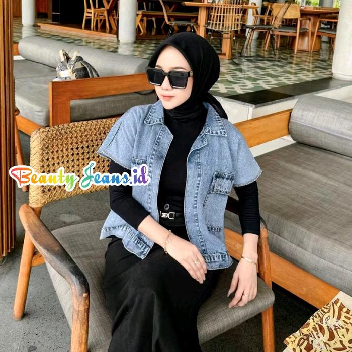 Jaket Rompi Jeans Cassandra Oversize Jacket Denim Wanita Tanpa Lengan Outer Blazer Kekinian Ld 120