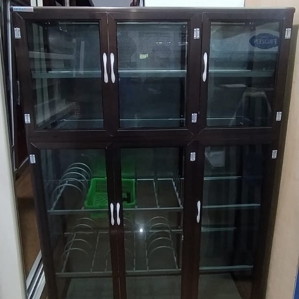 LEMARI RAK PIRING 2P SUPER TEBAL ALUMUNIUM KOTAK DAN KACA RIBEN