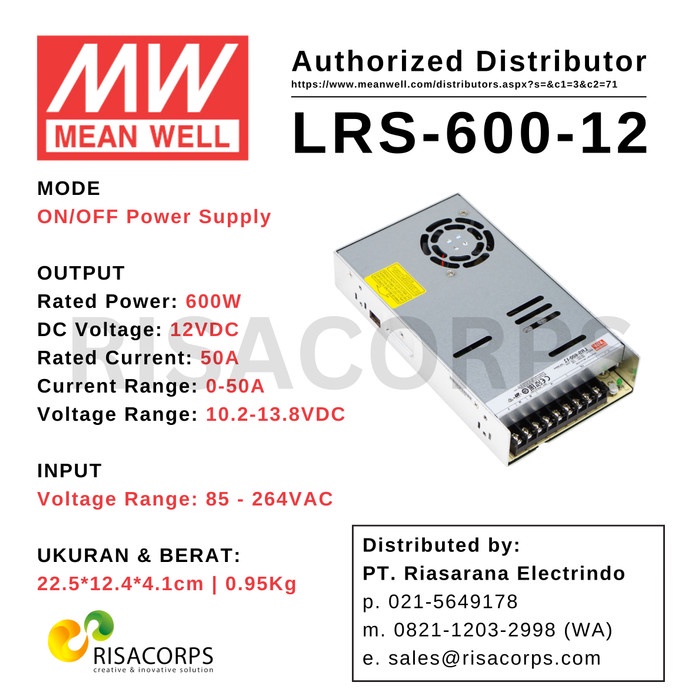 MEAN WELL SWITCHING POWER SUPPLY LRS-600-12 600 WATT 12VDC
